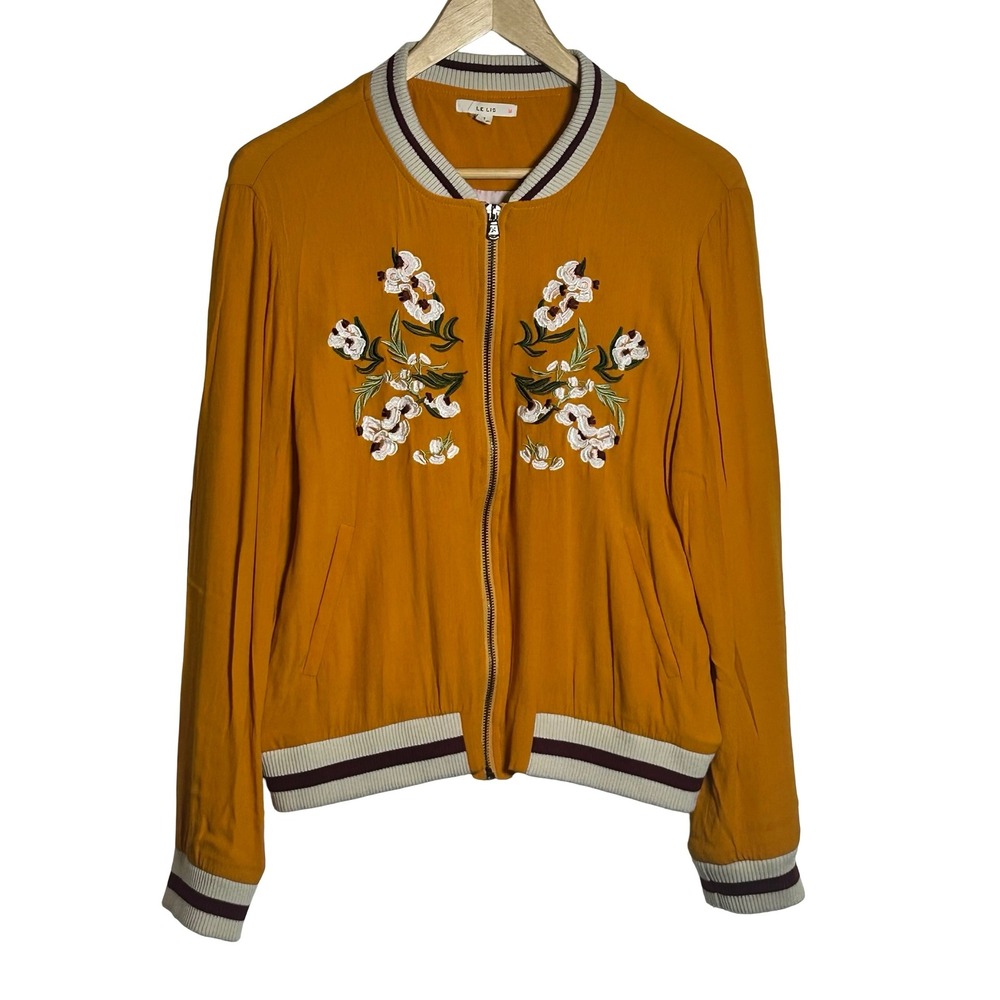 LE LIS Lined Crepe Floral Embroidered Bomber Jacket Size Medium‎ Boho Feminine